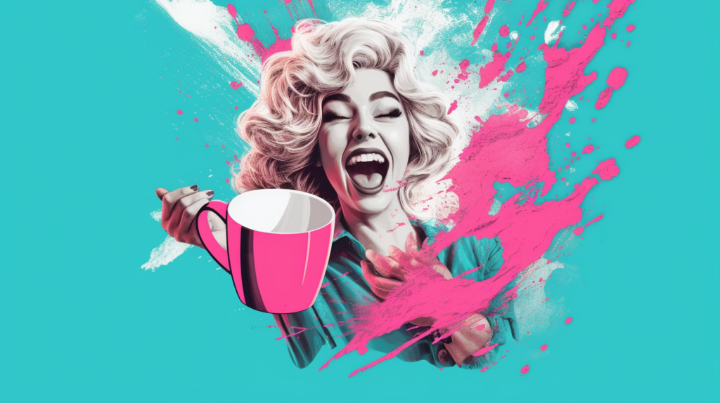 woman laughing with coffee, teal and pink colors