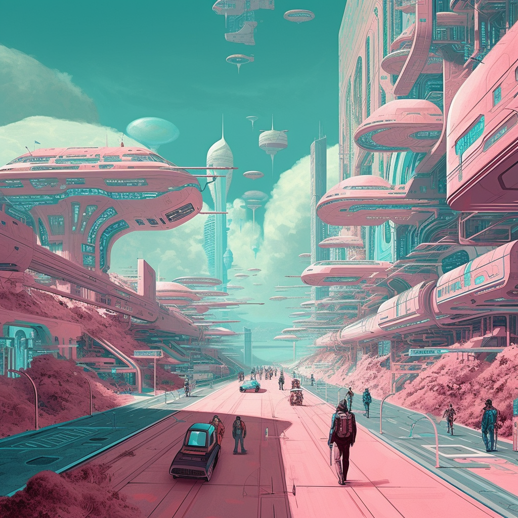 work in the future, teal and pink, futuristic city