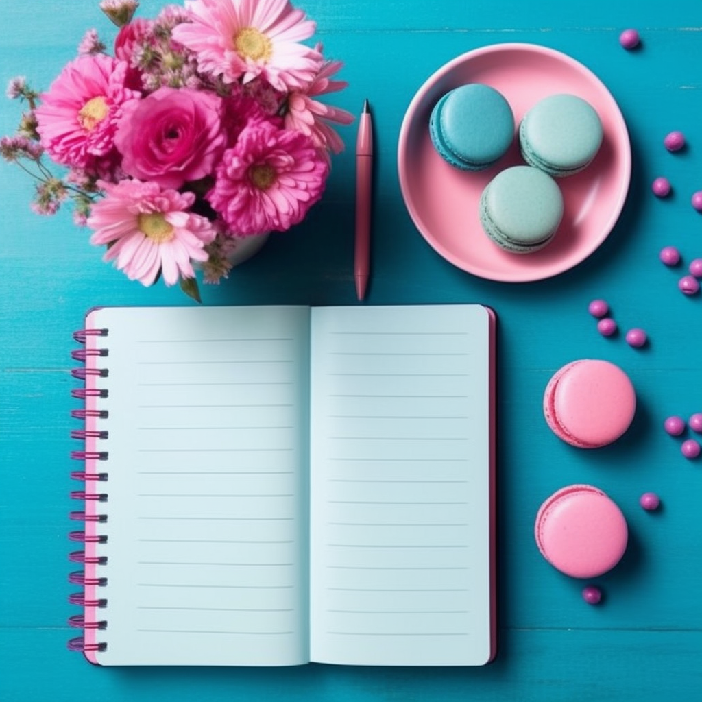 note taking, flowers, macarons, notebook, keyword research