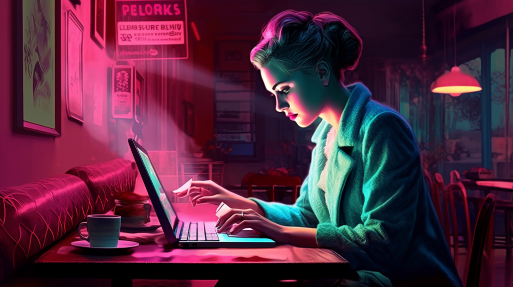 woman reading emails, woman on computer, teal and pink colors