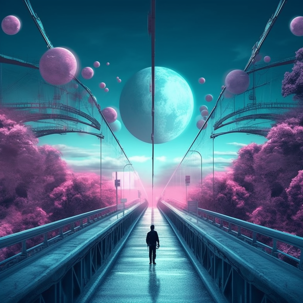 bridge between two worlds, bridge, teal and pink colors, fantasy, futuristic