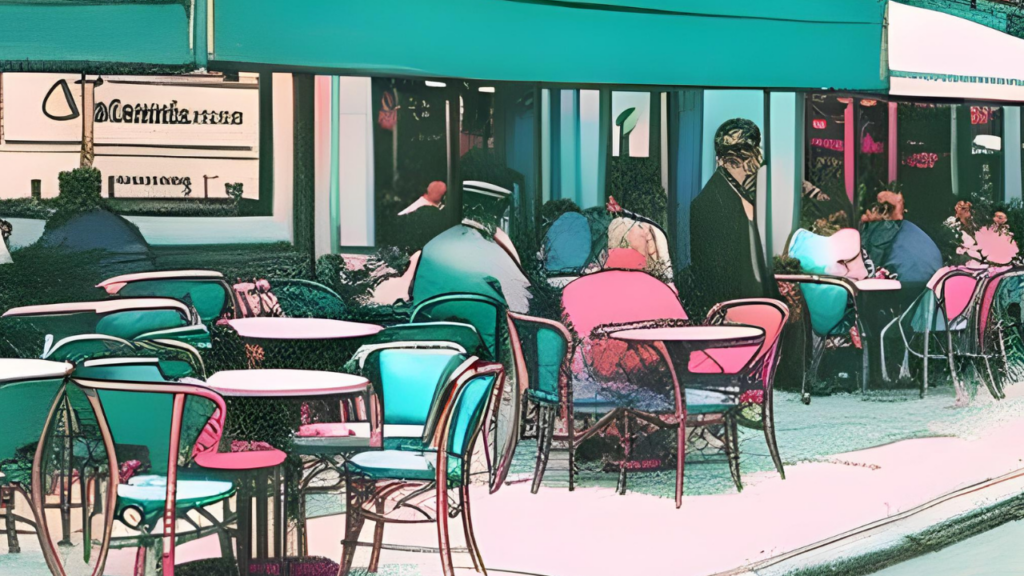 sketch drawing, bustling cafe, teal and pink colors