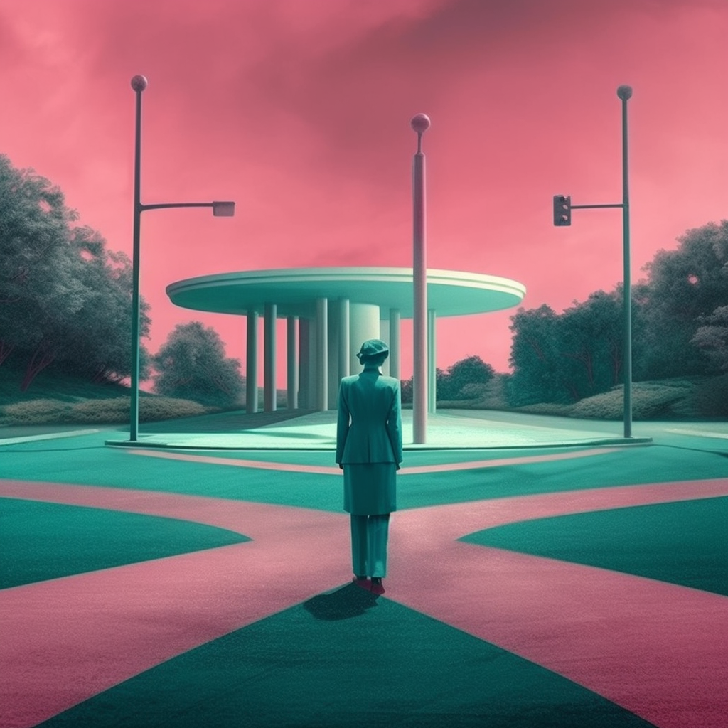 crossroads, film noir, teal and pink colors, choice, decision, two paths