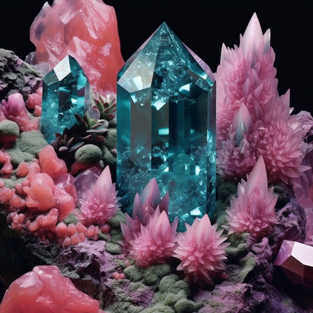 crystal, teal and pink colors, 