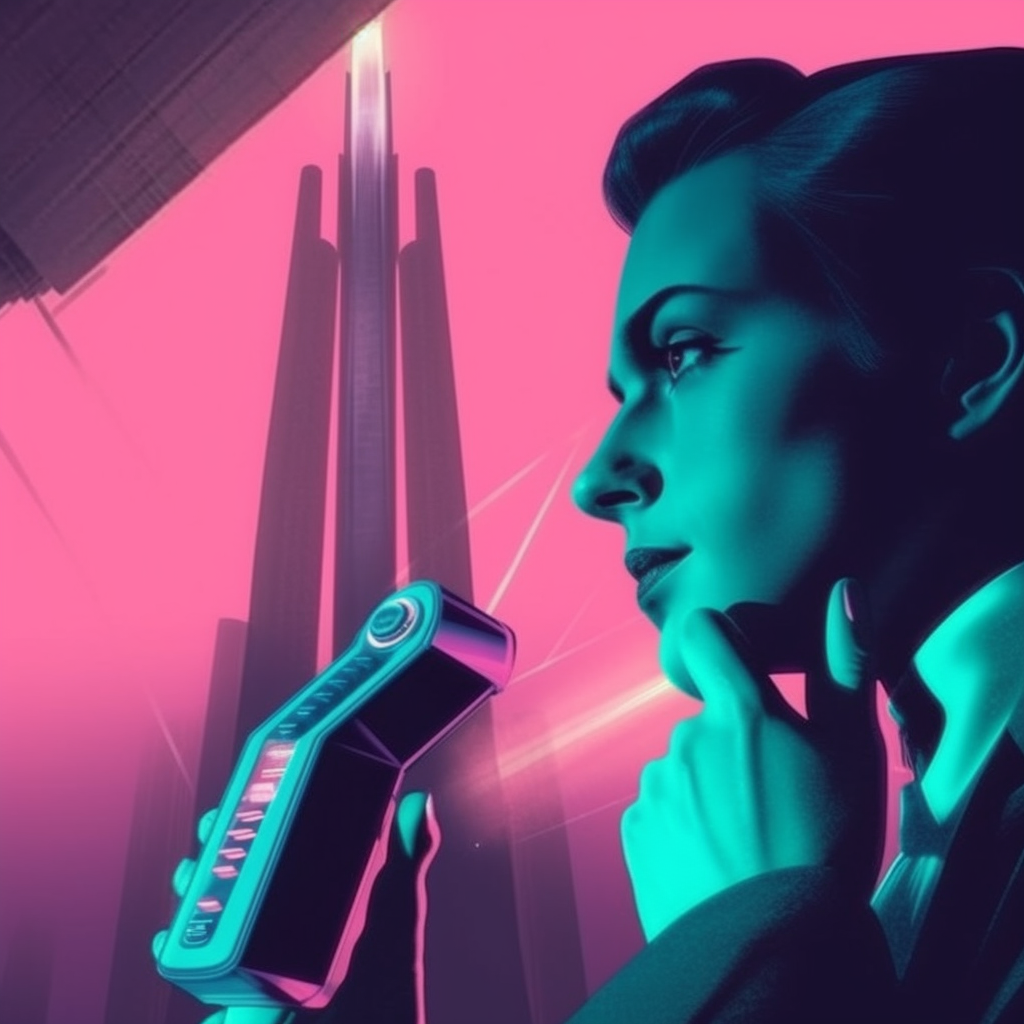 futuristic walkie talkie, woman, film noir, teal and pink colors