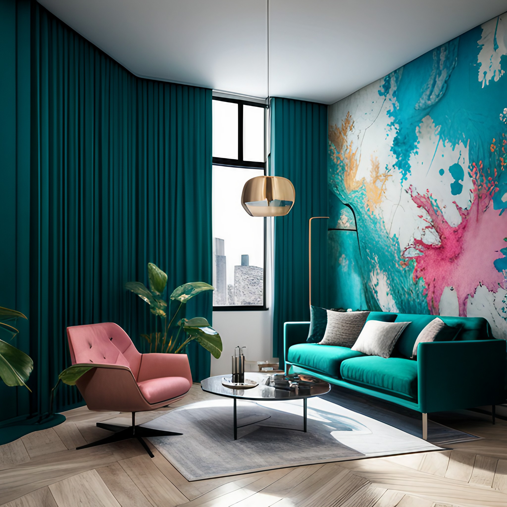 teal and pink images, living room, jasper art