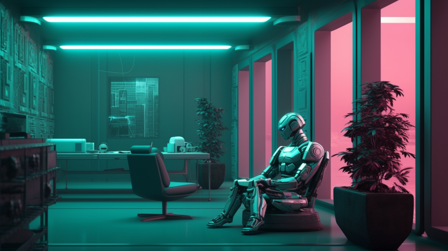 ai, robot, teal and pink colors, film noir