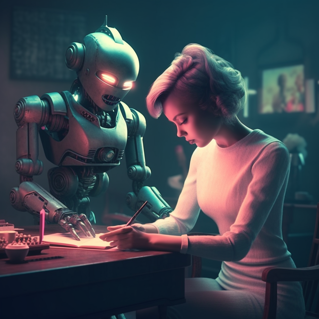 woman working with robot, woman, robot, alfey, teal and pink