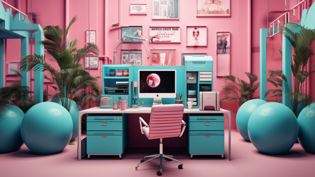 office, teal and pink , marketing